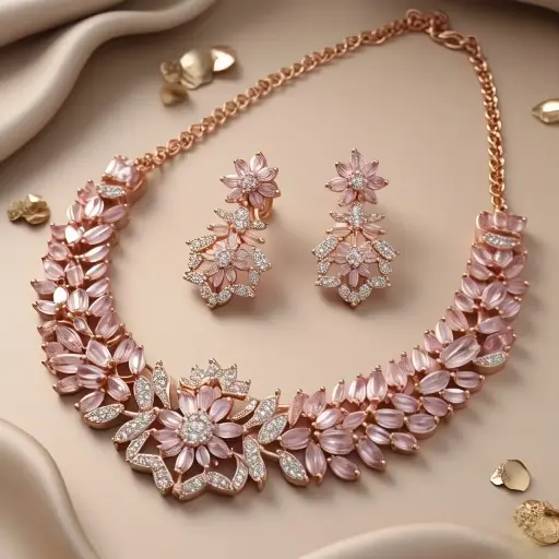 Mevada Jewellery Exclusive Brass Rose Gold Plated Jewel Set With 1 Pair Of Earring